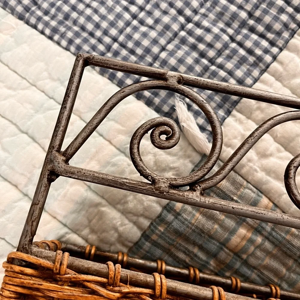 Two-Tier Wicker & Metal Basket Shelf – Farmhouse Organizer wrought iron